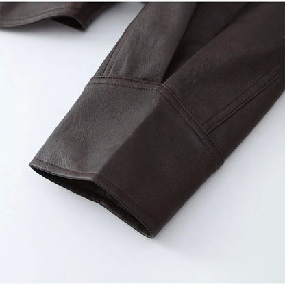 Women’s Retro Faux Leather Jacket – Autumn Street Style Tie-Waist Turn-Down Collar Outerwear