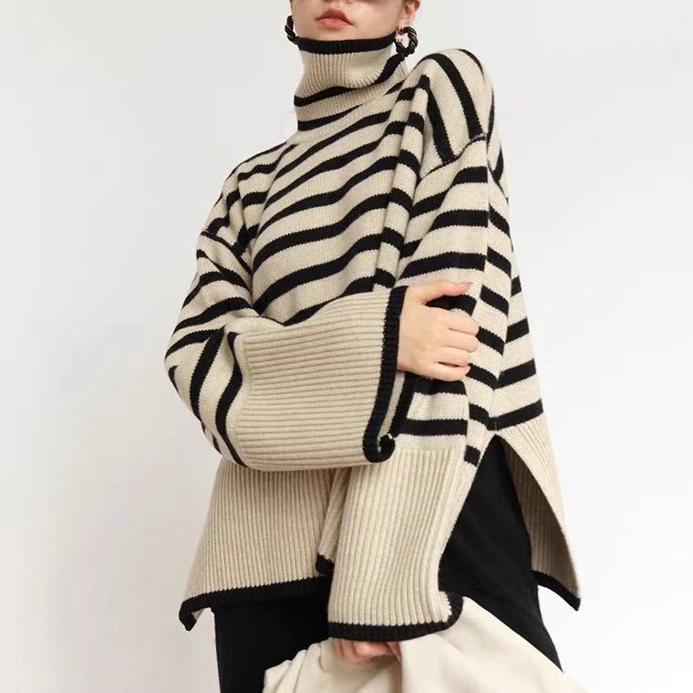 Striped High Neck Sweater for Women | 2025 Spring & Autumn Loose Knit Pullover with Unique Design