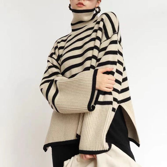Striped High Neck Sweater for Women | 2025 Spring & Autumn Loose Knit Pullover with Unique Design