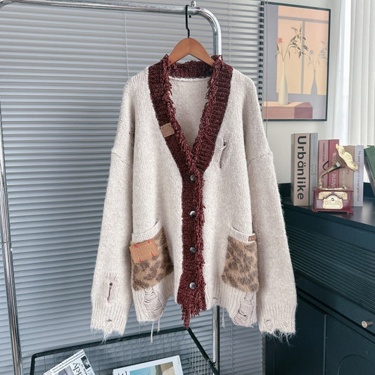 Autumn Winter 2025 Women’s Vintage Leopard V-Neck Cardigan – Loose Distressed Knit Sweater