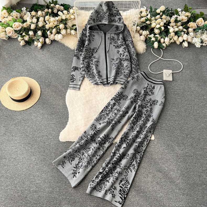 Women’s Fashion Knit Set | Spring Fall Hoodie & Wide-Leg Pants Two-Piece Outfit