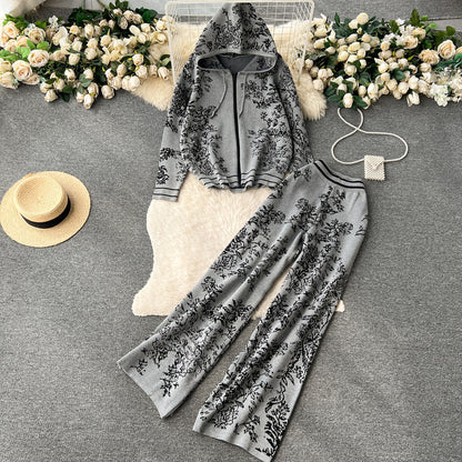 Women’s Fashion Knit Set | Spring Fall Hoodie & Wide-Leg Pants Two-Piece Outfit