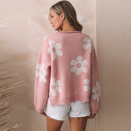 2025 Fall/Winter New Women’s Drop Shoulder Sweater – Sweet Pearl-Embellished Printed Knit Top