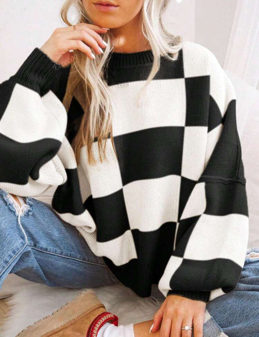 Women’s Plaid Knit Sweater | Loose Fit Crewneck Pullover · Casual Autumn Long Sleeve Top