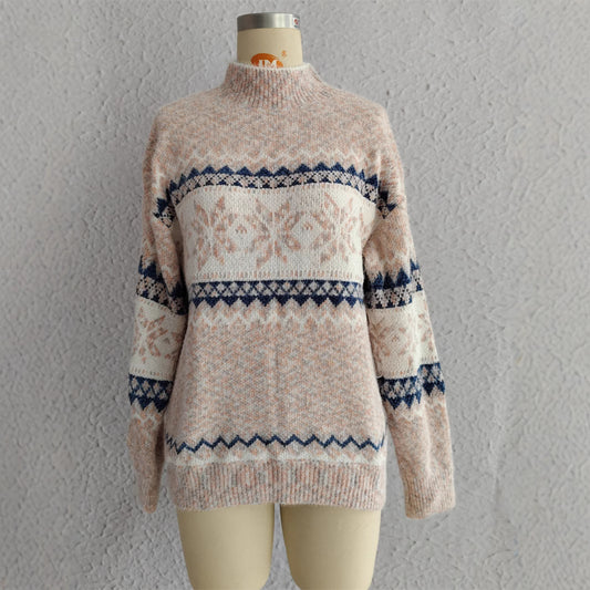 Autumn Winter 2025 Women’s Christmas Snowflake Chenille Sweater – Semi-Turtleneck Knit Pullover
