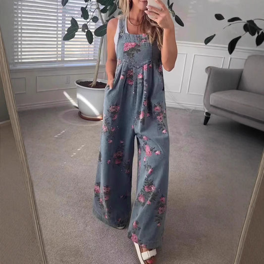 Women’s Fashion Denim Floral Jumpsuit – Casual Sleeveless Overall