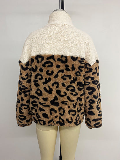 Women’s Fall & Winter Fashion Leopard Print Fleece Jacket | Casual & Versatile Lamb Wool Long Sleeve Outerwear