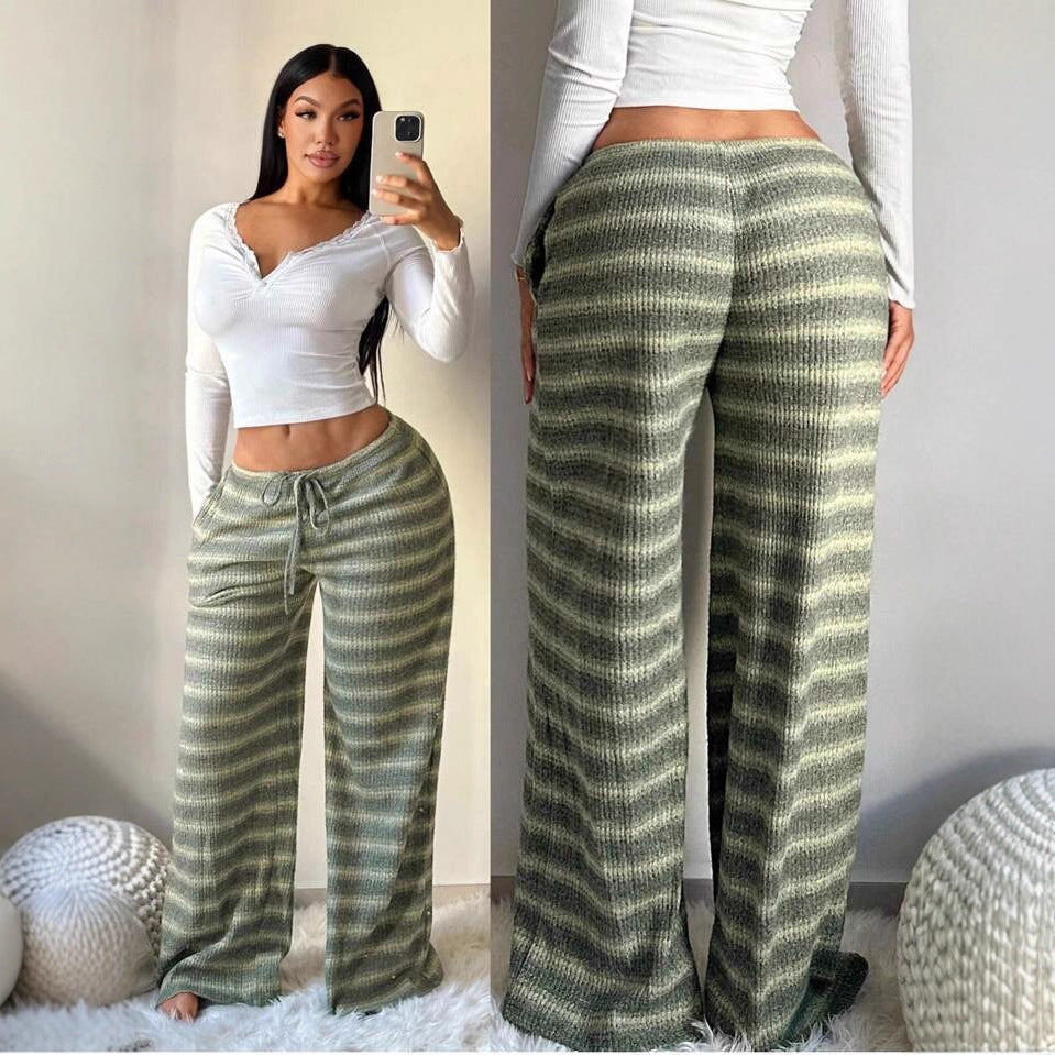 Women’s Low-Waist Striped Drawstring Pants | Loose Fit Casual Wide-Leg Trousers – New Arrival
