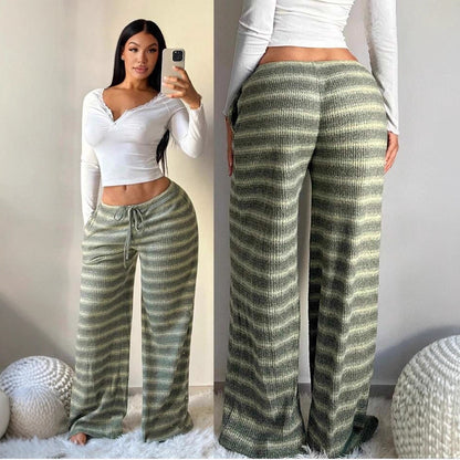 Women’s Low-Waist Striped Drawstring Pants | Loose Fit Casual Wide-Leg Trousers – New Arrival