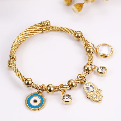 18K Gold Plated Stainless Steel Adjustable Hamsa Hand Bracelet | Women’s Titanium Steel Diamond Accent Jewelry
