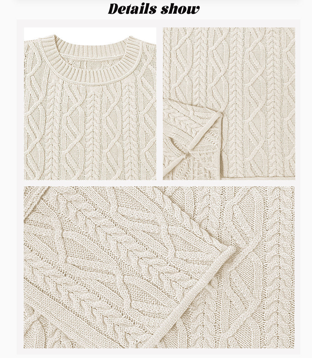 2025 Women’s Autumn Winter Knit Sweater – Round Neck Short Loose Cable Knit Pullover