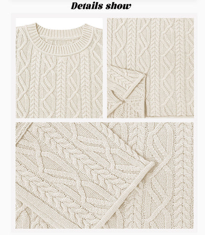 2025 Women’s Autumn Winter Knit Sweater – Round Neck Short Loose Cable Knit Pullover