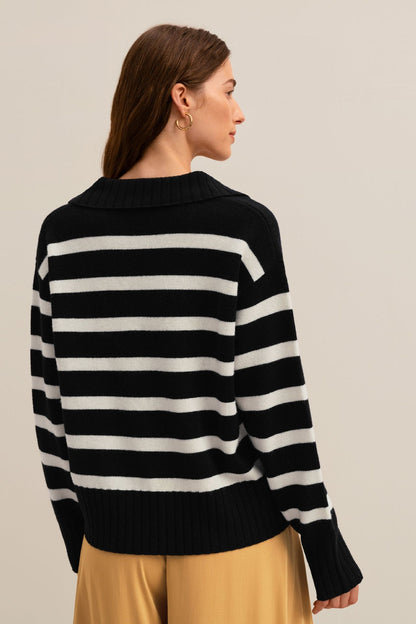 Women’s Autumn Winter Knit Sweater – Loose Fit Colorblock Polo Collar Pullover