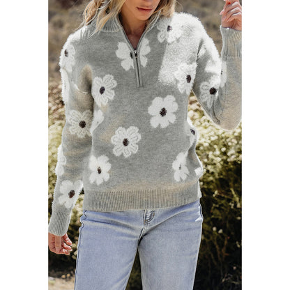 2025 Fall New Women’s Drop Shoulder Sweater – Casual Long Sleeve Floral Print Knit Top