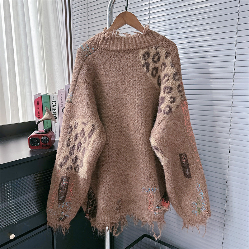 Autumn Winter 2025 Women’s Color-Block Leopard Knit Cardigan – Loose Lazy Oversized Sweater