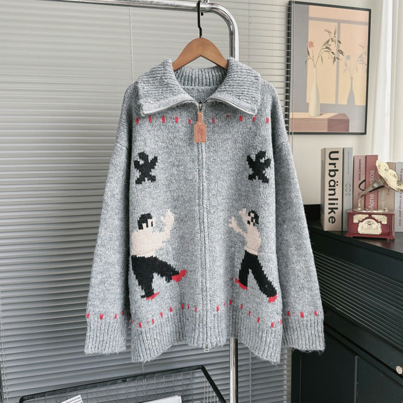 Autumn Winter 2025 Korean Cartoon Jacquard Knit Cardigan – Zipper Front Sweater Jacket for Women