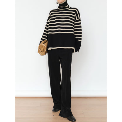 Striped High Neck Sweater for Women | 2025 Spring & Autumn Loose Knit Pullover with Unique Design