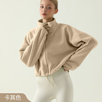 Women’s Thick Sherpa Fleece Yoga Jacket – Autumn Winter High Neck Drawstring Windproof Hoodie