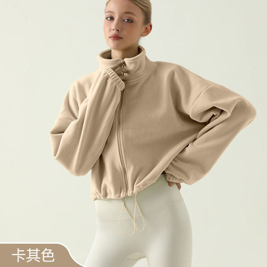 Women’s Thick Sherpa Fleece Yoga Jacket – Autumn Winter High Neck Drawstring Windproof Hoodie