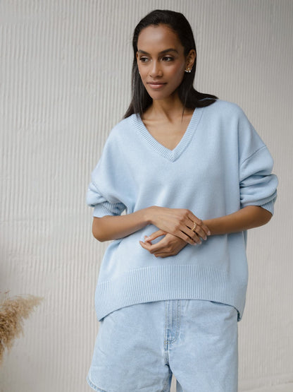 V-Neck Loose Knit Sweater for Women | Fall & Winter Long Sleeve Pullover