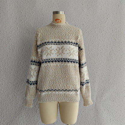 Autumn Winter 2025 Women’s Christmas Snowflake Chenille Sweater – Semi-Turtleneck Knit Pullover