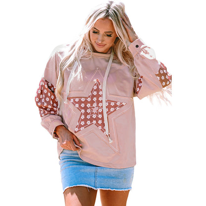 Winter New Women’s Hoodie – Casual Loose Pullover with Star & Floral Patchwork