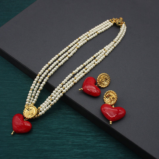 Handmade Red Heart Glass Necklace & Earrings Set | Vintage Pearl Jewelry with Clip-On Earrings