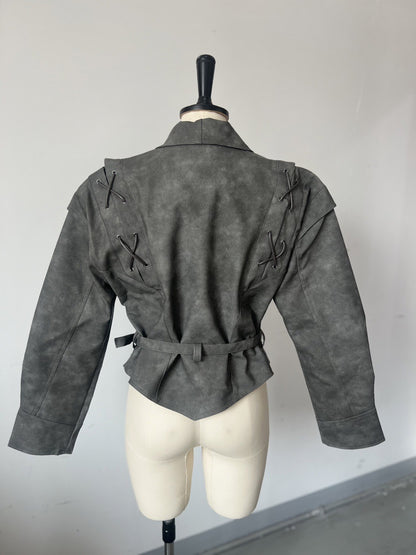 Women’s Retro Faux Leather Jacket – Autumn Street Style Tie-Waist Turn-Down Collar Outerwear