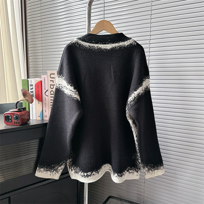 Autumn Winter 2025 Women’s Black & White Rose Knit Cardigan – Thick Cozy Pullover Sweater