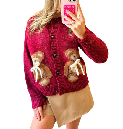 2025 Y2K Bear Knit Cardigan | Women’s Cute Sweater Jacket Aesthetic Fashion Outfit