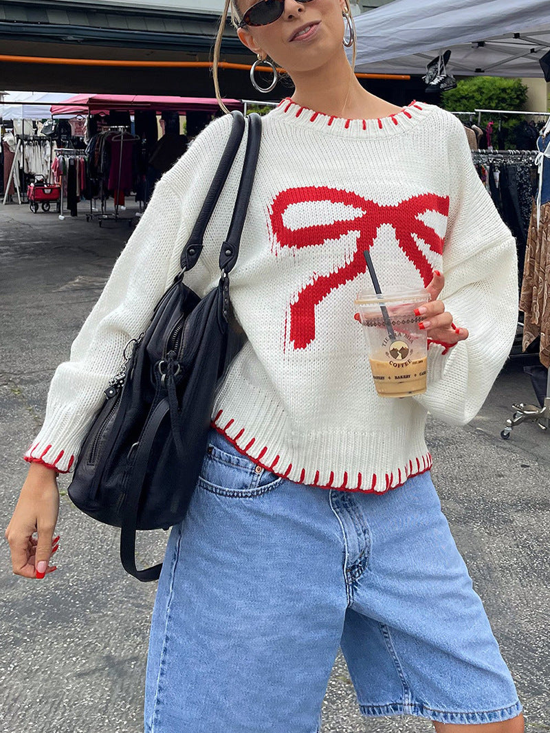 Autumn Winter 2025 Women’s Bow Jacquard Sweater – Loose Cozy Pullover Knit