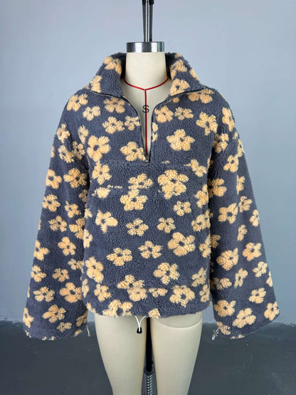 Women’s 2025 Spring Faux Shearling Zip-Up Sweatshirt | Loose Fit Printed Long Sleeve Hoodie