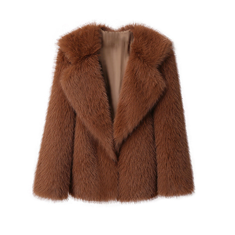 Women’s Faux Fur Coat – Autumn Winter Wide Collar Mid-Length Jacket, Loose Fit Outerwear