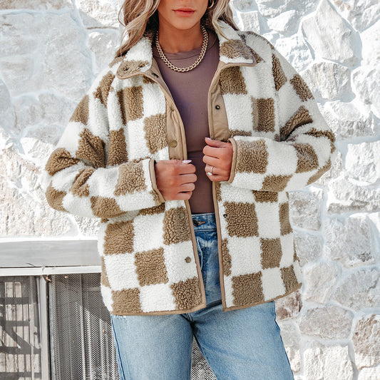 Women’s Plaid Jacket – Autumn Winter Button-Up Sherpa Fleece Coat, Warm Lambswool Outerwear