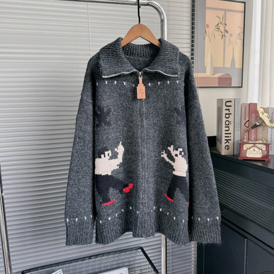 Autumn Winter 2025 Korean Cartoon Jacquard Knit Cardigan – Zipper Front Sweater Jacket for Women
