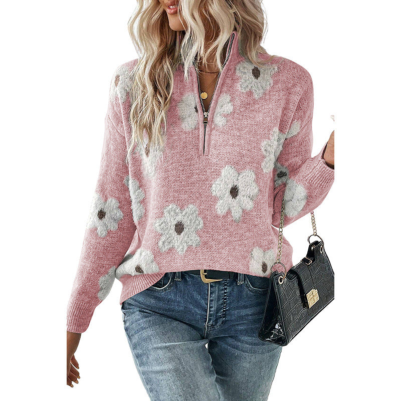 2025 Fall New Women’s Drop Shoulder Sweater – Casual Long Sleeve Floral Print Knit Top