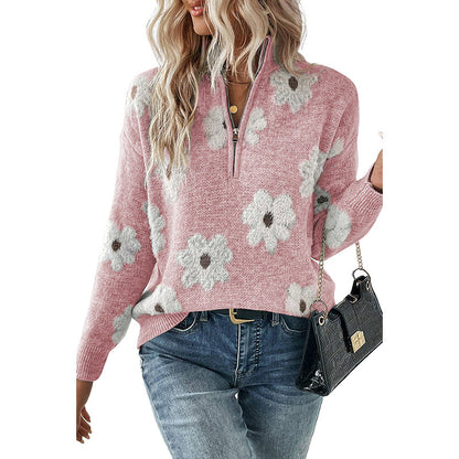 2025 Fall New Women’s Drop Shoulder Sweater – Casual Long Sleeve Floral Print Knit Top