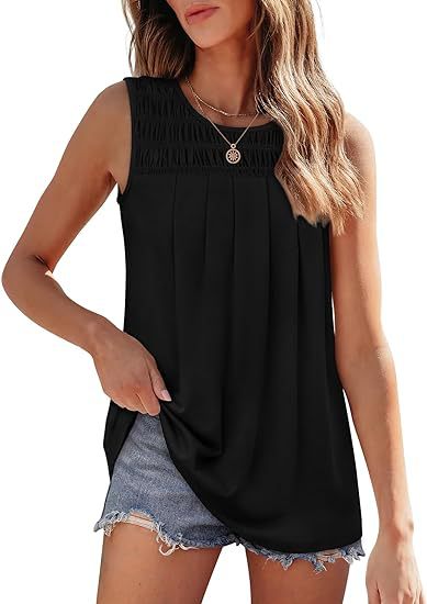 Women’s Pleated Sleeveless Tank Top – Summer Loose Fit Round Neck Blouse