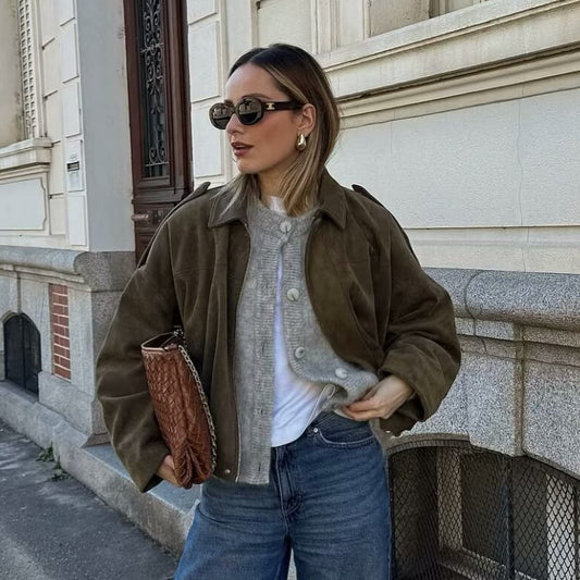 Women’s Suede-Look Bomber Jacket | Casual Turn-Down Collar Flight Jacket · Spring & Autumn