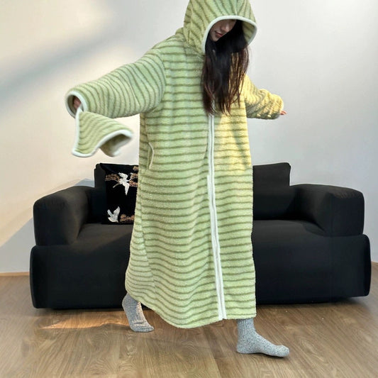 Striped Coral Fleece Hoodie Robe for Women | Thick & Warm Cozy Pajamas