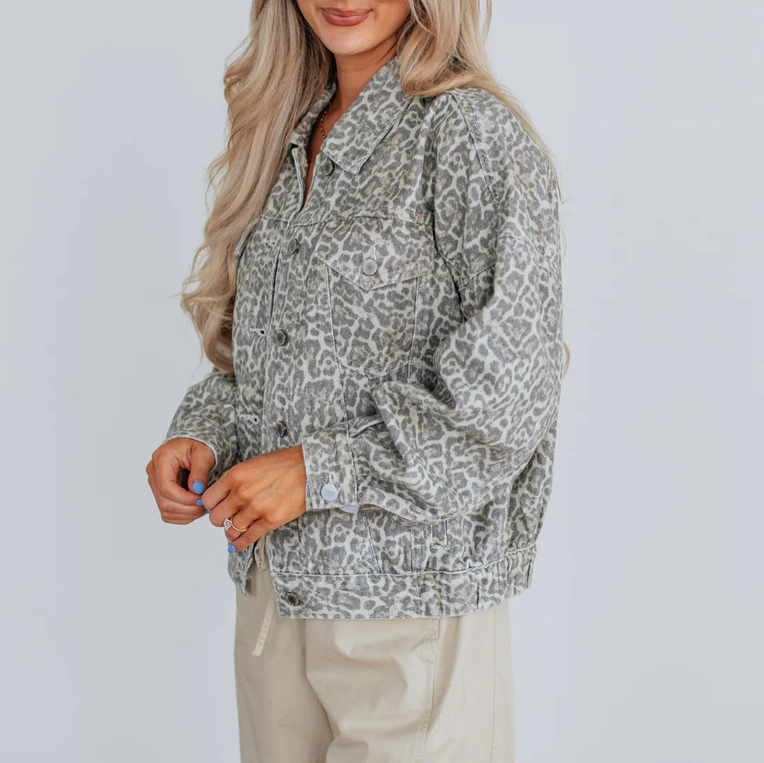 Vintage Washed Leopard Print Denim Jacket | Women’s Loose Fit Retro Jean Coat with Pockets