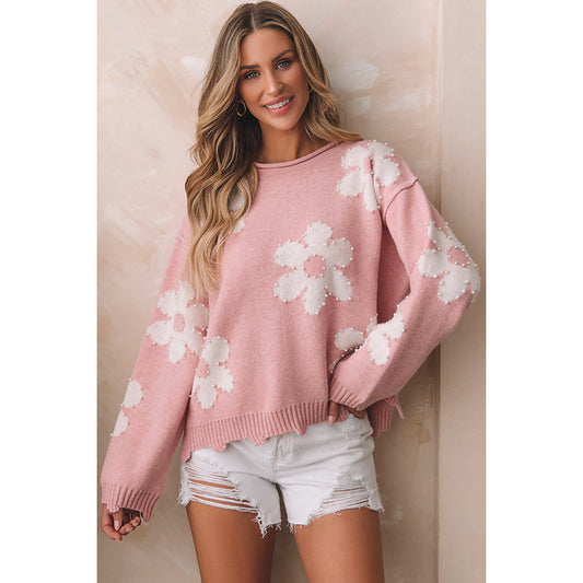2025 Fall/Winter New Women’s Drop Shoulder Sweater – Sweet Pearl-Embellished Printed Knit Top