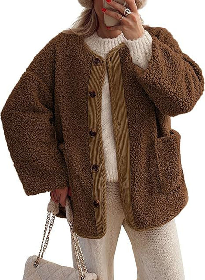 Women’s 2025 Winter Warm Fleece Jacket | Collarless Button-Up Sherpa Coat · Casual Long Sleeve Outerwear