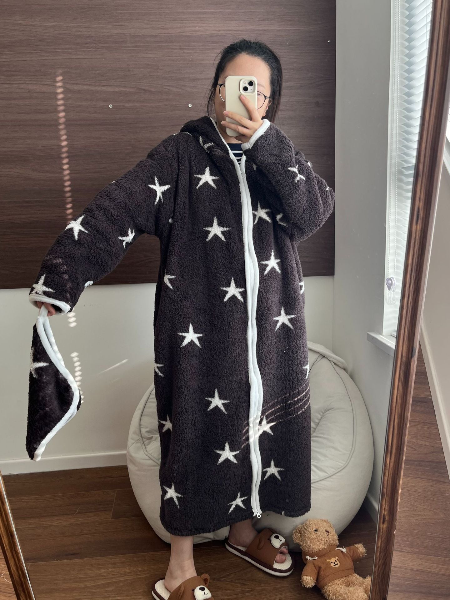 Striped Coral Fleece Hoodie Robe for Women | Thick & Warm Cozy Pajamas