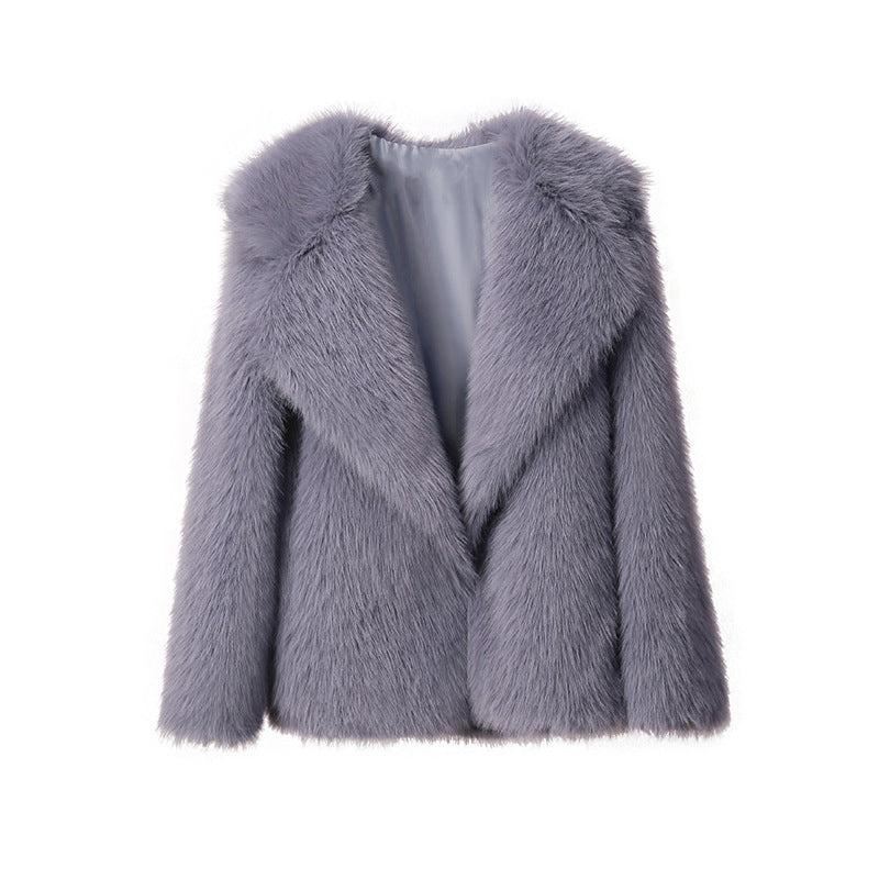 Women’s Faux Fur Coat – Autumn Winter Wide Collar Mid-Length Jacket, Loose Fit Outerwear