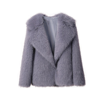 Women’s Faux Fur Coat – Autumn Winter Wide Collar Mid-Length Jacket, Loose Fit Outerwear