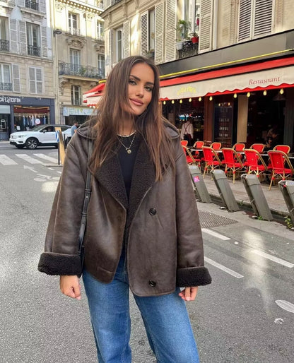 Women’s Reversible Faux Leather & Fur Jacket – Spring Autumn Casual Turn-Down Collar Outerwear