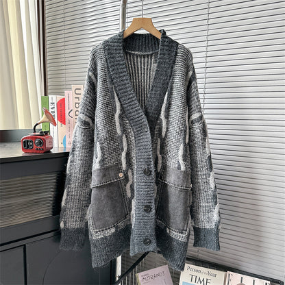 Autumn Winter 2025 Women’s Patch Pocket Denim Knit Cardigan – Loose Lazy Knit Sweater