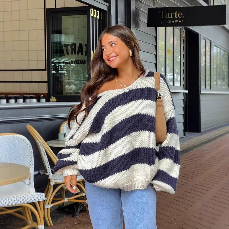Fall Winter Women’s Oversized Knit Sweater | Off-Shoulder Sweet Dopamine Stripe Top