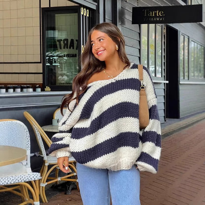 Fall Winter Women’s Oversized Knit Sweater | Off-Shoulder Sweet Dopamine Stripe Top